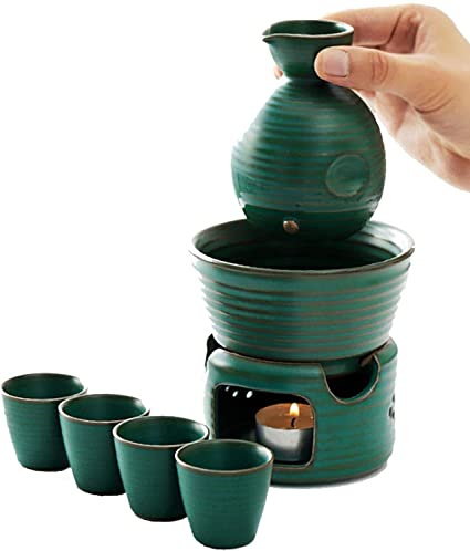 JFNHUTL 7 Pieces Japanese Sake Set with Warmer Pot and Candle Stove, Ceramic Malachite Green Glaze Wine Glasses Set for Cold Sake, Warm Sake, Shochu and Tea,Wine Bowls
