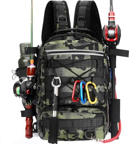 Luckits Angelrucksack, Angeltasche, Angelgerät Rucksack mit Rutenhalter, wasserdichte Angelgeräte Aufbewahrungstaschen, atmungsaktive Schultertasche, Wandern, Jagd, Camping, Outdoor Sport (Green)