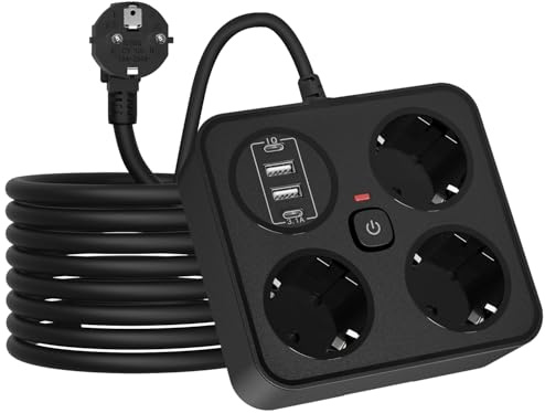 Steckdosenleiste mit USB, 3 Fach Mehrfachsteckdose mit 2USB Anschluss, 7 in 1 Steckdosenadapter mit 2M Verlängerungskabe 250V/16A, Wandplatte Steckdose, Mehrfachstecker für Büro, zu Hause,Schwarz