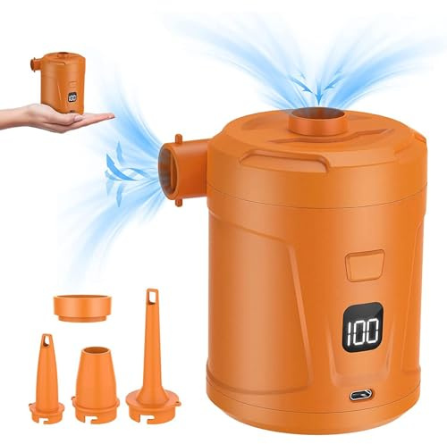 Luocute Pompa d'Aria Elettrica, Pompa Portatile a Riempimento Rapido con 4 Ugelli, Batteria Ricaricabile da 5200 mAh, Display LED, Ricarica di Tipo C, AC/DC, per Materassi Ad Aria (Orange)