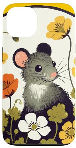 Carcasa para iPhone 13 Ratón y flores arte lindo roedor