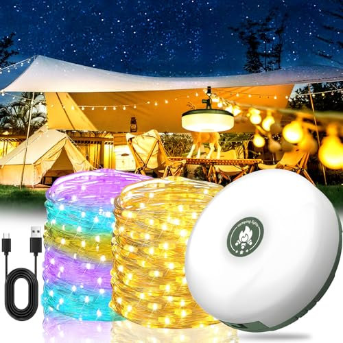 Vautvis Luci Campeggio Esterno, 10M Catena Led Avvolgibile, Lucine Tenda, Lucine Campeggio Led Ricaricabile 2000mah Con 8 Modalità