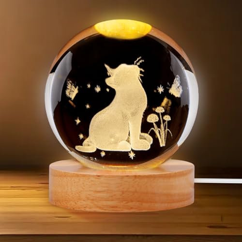 Luce notturna a sfera di cristallo 3D: lampada a sfera di vetro per gatti, USB 3D, luce notturna, luce calda, con base in legno, per Natale, Ringraziamento, San Valentino, decorazione per la casa