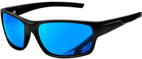 KANASTAL Blu Specchio Occhiali da Sole Sportivi Polarizzati Uomo Avvolgenti Specchiati Donna RettangolarI Corsa Ciclismo Guida UV400 Blue Sunglasses - Montatura Nera Opaca Lente Azzurri