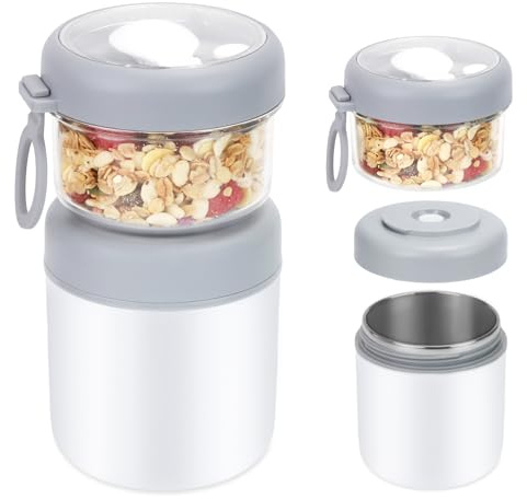Bugucat Vaso de Cereales Para Llevar de Acero Inoxidable,530 ml + 330 ml,a Prueba de Fugas,Fiambrera Para Llevar Con Cuchara, Práctica Fiambrera Para Yogur y Cereales,Para Trabajo, Escuela,Gris