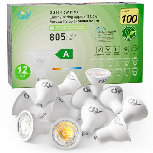 GY Ampoules GU10 LED Spot Classe A, 805LM Blanc Neutre 4000K，4,5W Équivalent 100W GU10 36° (Faisceau Étroit), Efficacité Energétique, Non-Dimmable, Lot de 12