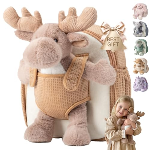 Moonkie Hug & Go Zainetto Bambina, Zaino Bambino Renna con Giochi Rimovibile, Zainetto Asilo Bambino 1 2 3 Anni, Zaini per Bambini in Peluche Morbide, con Cinturine Regolabili, Regali Bambini