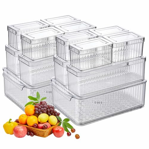 DYUEE Clear Fridge Organisers 14Pack Stackable Refrigerator Organizer Bins | with Lids Drain Trays Fridge Storage Containers Food Storage Boxes for Vegetable Fruit Egg Meat - Pantry Cabinet Organization