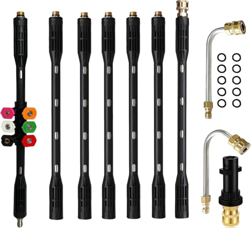 YUET High Pressure Washer Extension Wand, Extension Power Washer Lance with 6 Spray Nozzle Tips, 9 Pack Gutter Cleaner Attachment Curved Rod, 1/4 Quick Connect,Anti-Leaked Ring (With Karcher Adapter)
