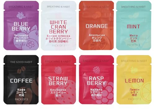 8 Pcs Anxiety Relief Breathing Necklace with Resistance & Flavoured Inner Filter Packs Natural Essential Oil Stress Aid Orange Raspberry Blueberry Coffee Lemon White Cranberry Strawberry Mint Flavors
