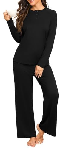PrinStory Pigiama da donna a maniche lunghe Henley Pjs pigiameria a gamba larga pantaloni da notte con tasche
