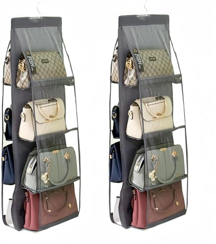 Grillix 2 Stück Handtaschen Aufbewahrung zum Aufhängen, Faltbarer Schrank Hängender Organizer, Handtaschen Organizer Mit 8 Transparenten Kunststofffächern und Stabilen Kleiderhaken (Graue)