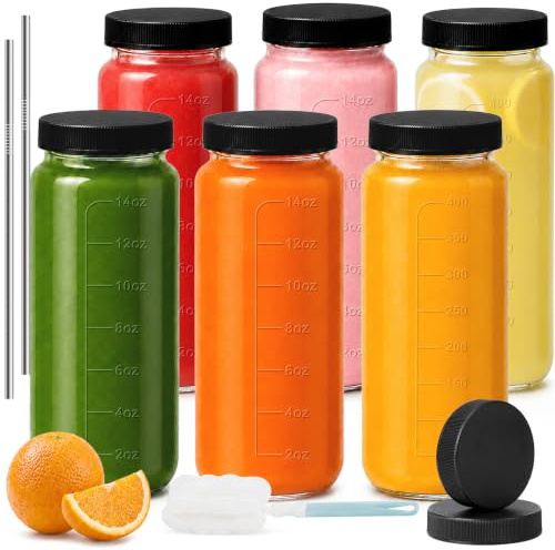 OAMCEG 6 Stück Glasflaschen 480ml, 16OZ Saftflaschen mit Deckel und Strohhalmen, Wiederverwendbar Glasflasche zum Befüllen, Kühlschranksicher Spülmaschinen, für Saftpressen Konservieren