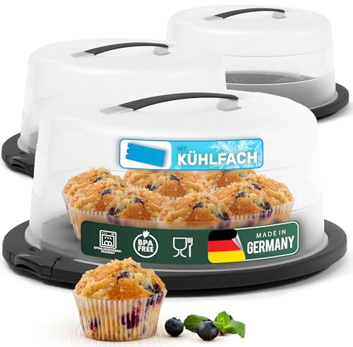 Novaliv 3er-Set Kuchen-Transportbox mit Kühlfach und Muffin-Behälter (Rund 38 x 33,5 x 17,5 cm), Aufbewahrungsbox mit Deckel für Kuchen & Torten, Tortentransportbox Tortenbehälter Tortenglocke