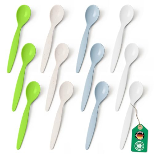 Bio Löffel 12er Set – 14 cm Mehrweglöffel Familienpack BPA-frei & recycelbar – aus Zuckerrohr, Eierlöffel, Kinderlöffel, leicht & schadstofffrei – spülmaschinengeeignet – Made in DE – 4 Farben je 3x