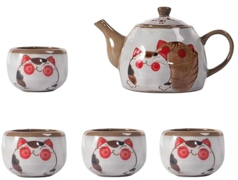 Juego De Té Teteras Con Filtro (4 Tazas + 1 Tetera), Caja De Regalo, Tetera Cerámica, Juego Té, Gato Dibujos Animados Juegos De Té Para Adultos