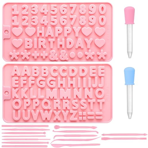2 Pcs Silicone Letter Moulds, Symbol Mould, Alphabet & Number Baking Mold | 2 Droppers, Reusable, Chocolate Letters, Baking Tool for Birthday Cake Decoration Candy Jelly DIY