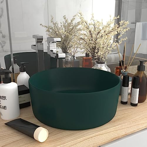 Mokuyary Lavabo da appoggio in ceramica, lavabo di lusso, rotondo, opaco, 40 x 15 cm, in ceramica, verde scuro opaco