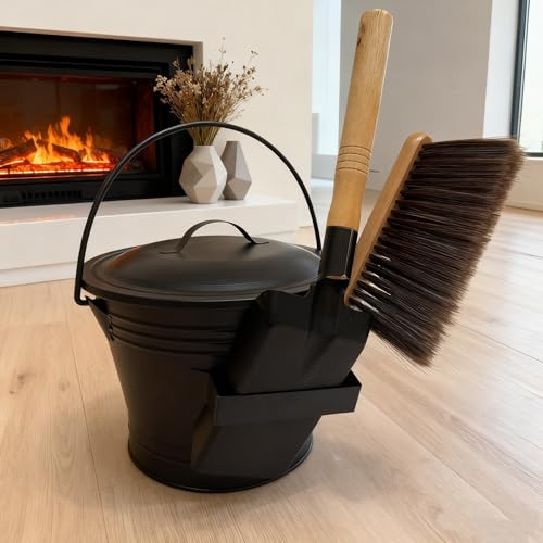 DKPLOE Kamin-Ascheeimer-Set mit Schaufel Leichter Ascheeimer mit Deckel GroßEs FassungsvermöGen Leicht Zu Reinigen Geeignet füR Den Innen- und AußEnbereich