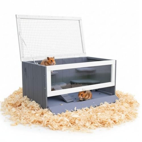 Melko Nagerkäfig Hamsterkäfig Holz mit Plexiglasfront 60x35x30 cm Grau Weiß | Deckel aus Metallgitter für Belüftung, inkl. Häuschen und Trinkflaschenhalterung, hält Einstreu zurück, für Hamster und Mäuse