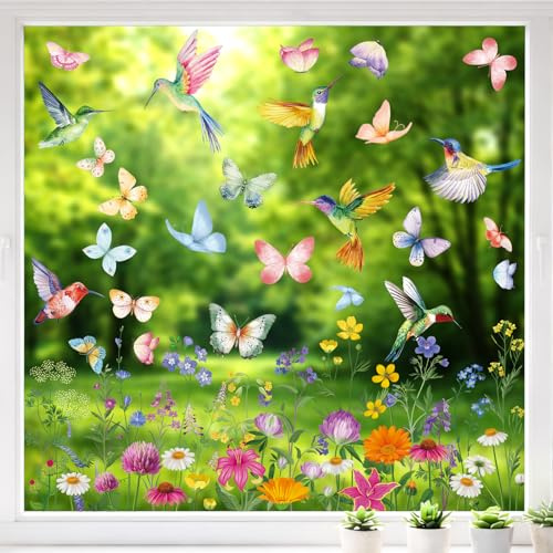 Zindoo Fensterbilder Blumen 9 Blatt Kolibri und Schmetterlinge | Fensteraufkleber Wiederverwendbar für Fensterdeko, Bunt Doppelseitig, Statisch Haftend, Rückstandslos Entfernbar