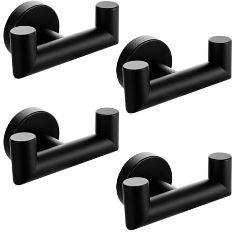 Ghligna 4 PCS Double Coat Hooks, 304 Stainless Steel Wall Mounted Door Hooks for Bathroom Towel Robe Coat Kitchen Bedroom, Heavy Duty 20kg Capacity (Matte Black)