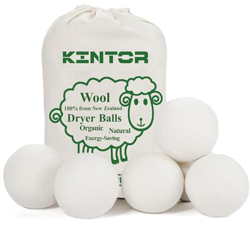 KINTOR Paquete de 6 bolas de lana para secadora XL, 7,5 cm, 100 % lana de Nueva Zelanda, suavizante de telas orgánicas, hipoalergénicas, seguras para bebés y sin perfume, sin productos químicos para