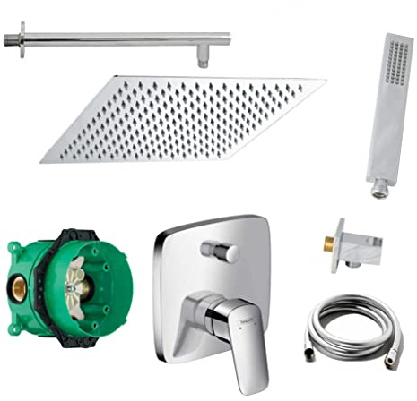 vanvilla Duschsystem Unterputz mit Duscharmatur Hansgrohe poliert HG01 | Duscharmatur von Hansgrohe Logis Einhebelmischer und vanvilla Regendusche Duschkopf eckig, Dusch-SET poliert