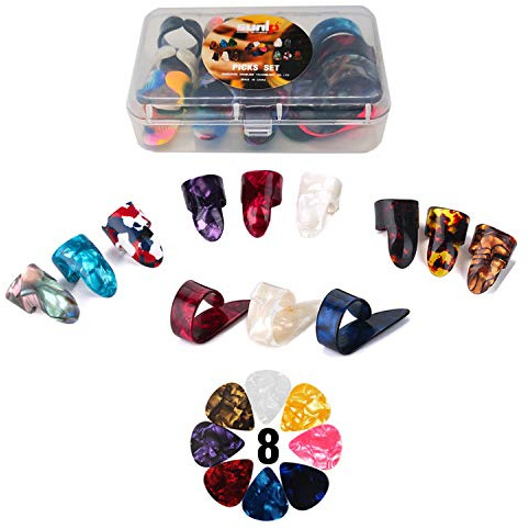 Thumb Finger Picks Plectrum With Plastic Picks Case, 1 Dozen (3 Pairs) SUNLP Celluloid Guitar thumb finger picks Mandolin Banjo thumb finger picks and Free 8pcs 0.46mm Guitar Picks (Mix Color)