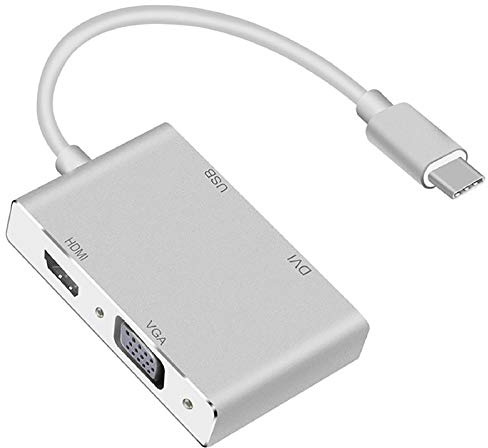 Adaptateur USB C vers VGA HDMI DVI USB3.0, 4 en 1 USB 3.1 Type-C Hub mâle vers femelle MultiDisplay Convertisseur vidéo pour Mac Pro, MacBook Air, iPad Pro, XPS, etc.