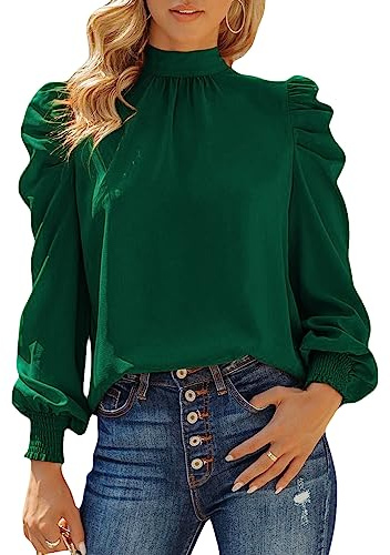 Dokotoo Women's Blouses Shirts Elegant Puff Sleeve Turtleneck Ruffle Chiffon Womens Pullover Blouse Top Casual Loose Spring Fall Ladies Tops Green XL UK 18-20