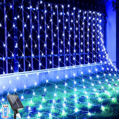 Solar Lichterkette, 1.5x1.5m LED Lichternetz Lichterkette , 96 LEDs 8 Modi Weihnachtsbeleuchtung Außen Wasserdicht Lichternetz mit Fernbedienung Timer für Geburstag, Hochzeit (1.5*1.5M, Blau)