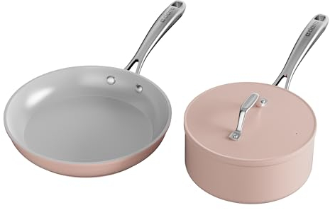 Ciarra Beyond Keramikpfanne Pfannenset 2-teilig Bratpfanne Set 26cm+20cm Simmertopf Schmorpfanne 2,8 L mit Deckel Griff Induktions Kochgeschirr Topfsets Antihaftbeschichtung Backofenfest Rosa