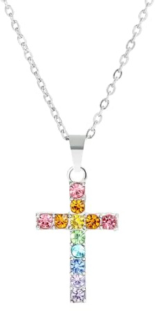 Baptism Cross Necklace for Women First Communion Silver Cross Necklaces Rainbow Cross Necklace Religious Gifts for Women, One Size, Stainless Steel, No Gemstone