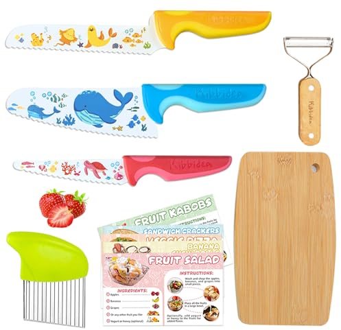 Kibbidea Kindermesser 7 teiliges Kinder Sicherheit Küchenmesser Set, Edelstahl, zum Schneiden Kochen von Obst oder Gemüse, Kochmesser, Obstmesser, Schäler, Messer Set für Kinder ab 3-jährige