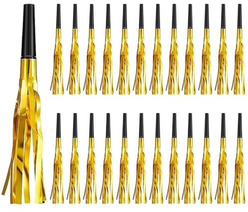 IHLOOTD Silbatos de Soplado de Fiesta, 24 PCS Generadores de Ruido Fiestas con Flecos Metálicos Artículos,Sopladores de Fiesta para Niños Cumpleaños Baby Shower Navidad Año Nuevo (Oro)