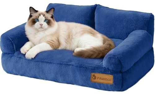 FAMIDGE Plush Cat Couch Bed - Cat Bed for Indoor Cats, Dog Sofa Bed, Short Rabbit Fleece Calming Pet Couch with Removable Cover, Anti-Shedding Pet Sofa for Small/Medium Pets (26×18×12in, Navy Blue)
