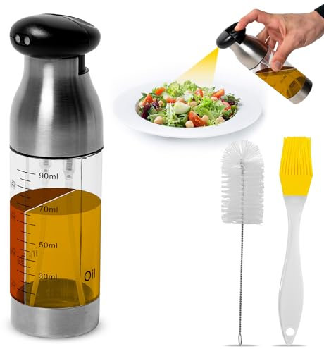 DENOVION PULVERIZADOR DE ACEITE 2 in 1 200ml - Aceitera Antigoteo Acero Inoxidable Y Cristal Dispensador de aceite para Cocina, Ensalada,Brasa y freidora de aire.