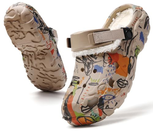 FRTUBOP Sabots Fourré Hommes Femmes Hiver Fourrées Pantoufles Chaud Chaussons de Maison Imperméables Chaussures de Jardin Intérieur et Extérieur Mules Khaki 41