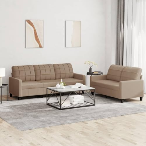 JHQHSM Ensemble de 2 canapés avec coussins, marron cappuccino, en cuir synthétique, rembourré durable pour le salon, avec surface résistante aux taches, structure robuste en contreplaqué