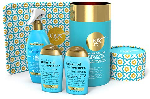 OGX Gift Set, Argan Oil of Morroco Hair Care Gift Set with Heat Protection Spray and Heat Resistant Mat