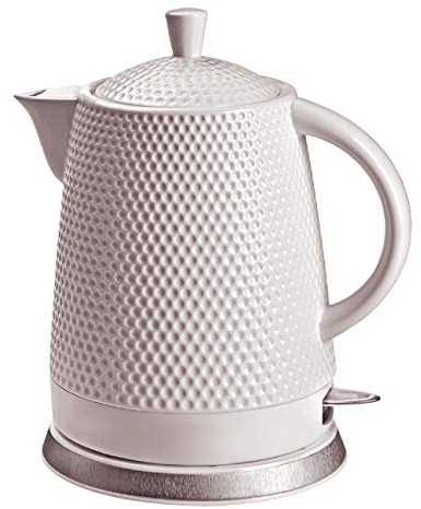 Elektrischer Wasserkocher aus Keramik, Füllmenge 1,5 L, abnehmbarer Deckel, Farbe: weiß .Teekessel in weiss retro Noppen-Design, electric Tee kettle Ceramic Porzellan white vintage. Geschenkidee.