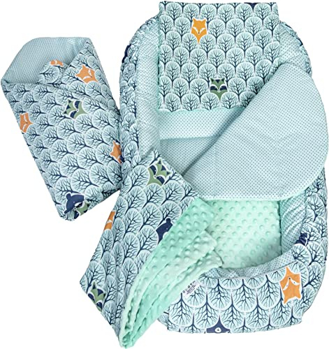 Medi Partners Babynestset för nyfödda - 100x60x15 cm 5-delat portabelt nest vändbart 100% bomull (Skog med mynta Minky)