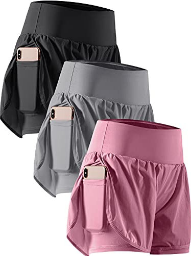 CADMUS 2 in 1 Women's Workout Shorts Athletic Gym Running Shorts for Women Phone Pockets,Black & Gray & Purple, Large