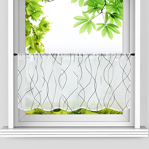 HeichkelL Voile Scheibengardine Weiß Kurzstores mit Tunnelzug Küche Kurz Vorhang Bistrogardine mit Wellenmuster Schwarz HxB 45x90 cm