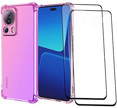 GOKEN Hülle für Xiaomi 13 Lite (Mi 13 Lite) + 2 Panzerglas, Schutzhülle TPU Silikon Handyhülle mit Farbverlauf Design, Transparent Stoßfest Bumper Case Soft Flex Cover, Pink/Lila