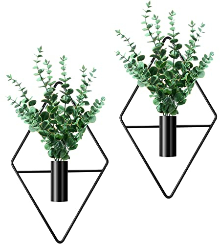Cindeer 2 Pezzi di Fioriere Sospese con Piante Artificiali Vaso Sospeso in Metallo Porta Piante da Interno Decorazione da Parete Geometrica Moderna per Soggiorno Casa Ufficio, Nero, Eucalipto