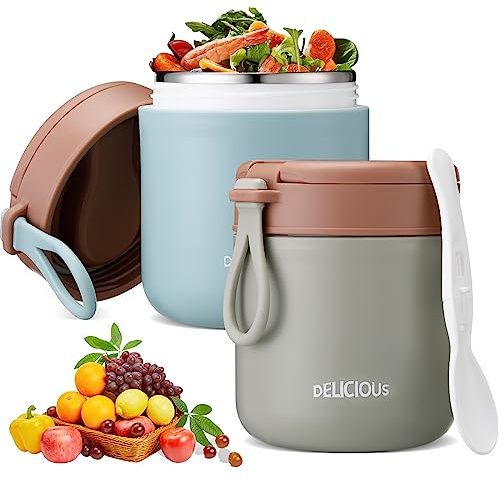 Bokon 2 Pcs 14. 5 oz Portable Insulated Food Jar with Folding Spoon for Hot and Cold Food Stainless Steel Width Mouth Leak Proof Vacuum Thermal Lunch Box for Adult Office Soup Salad Fruit(Green, Blue)
