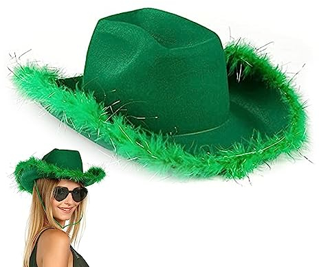 Gcroet Cowgirl -Hut, grüner Cowgirl -Hut Flauschiger Cowboyhut mit Glitzerfeder Weitkrempe Western Party Hut mit Verstellbarer Schnur für Cosplay -Hen -Party -Kostüm -Accessoire