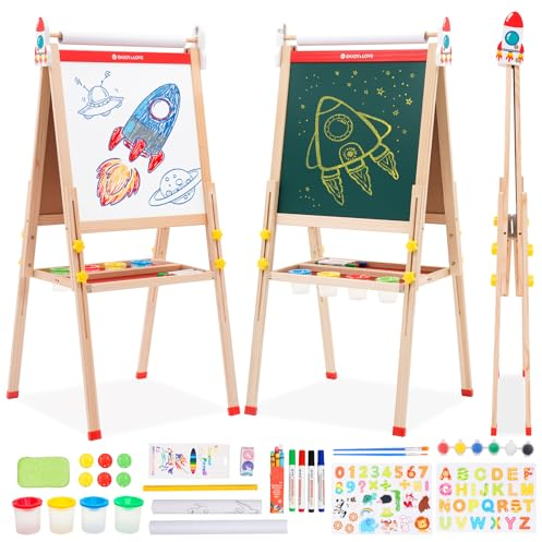 Lavagna per Bambini,2 in 1Cavalletto in Legno Pittura in Regolabile Altezza, Lavagna Pieghevole per Bambini con carta in rotolo colorabile per scarabocchi, Cavalletto per 3-12 anni
